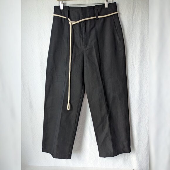 VINCE High Rise Linen Blend Cropped Pants Black Rope Belt Women's Size 10 - Picture 4 of 13